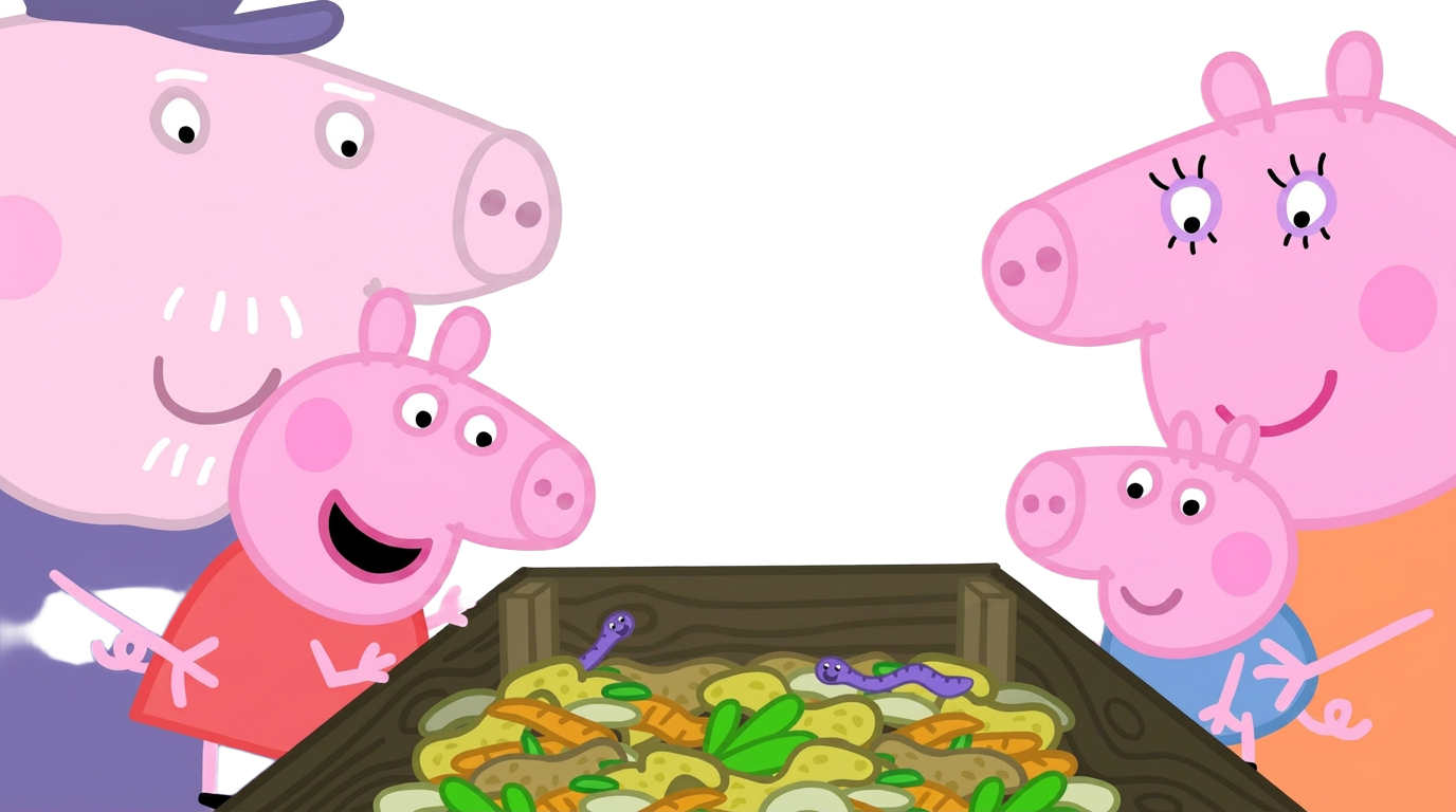 Cartoon family gathered around a wooden compost bin full of vegetable scraps and worms