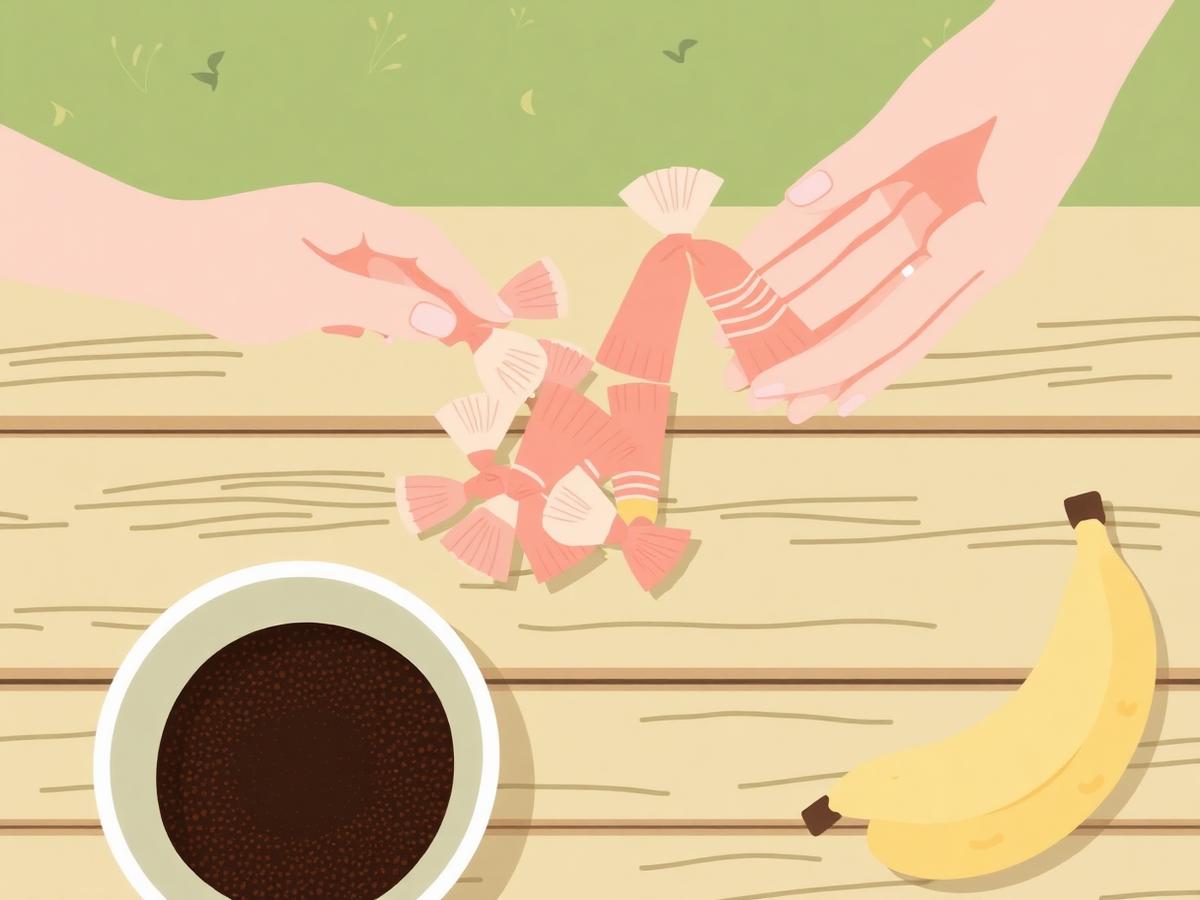 Illustration of hands trading wrapped candies beside a bowl of coffee grounds and a banana